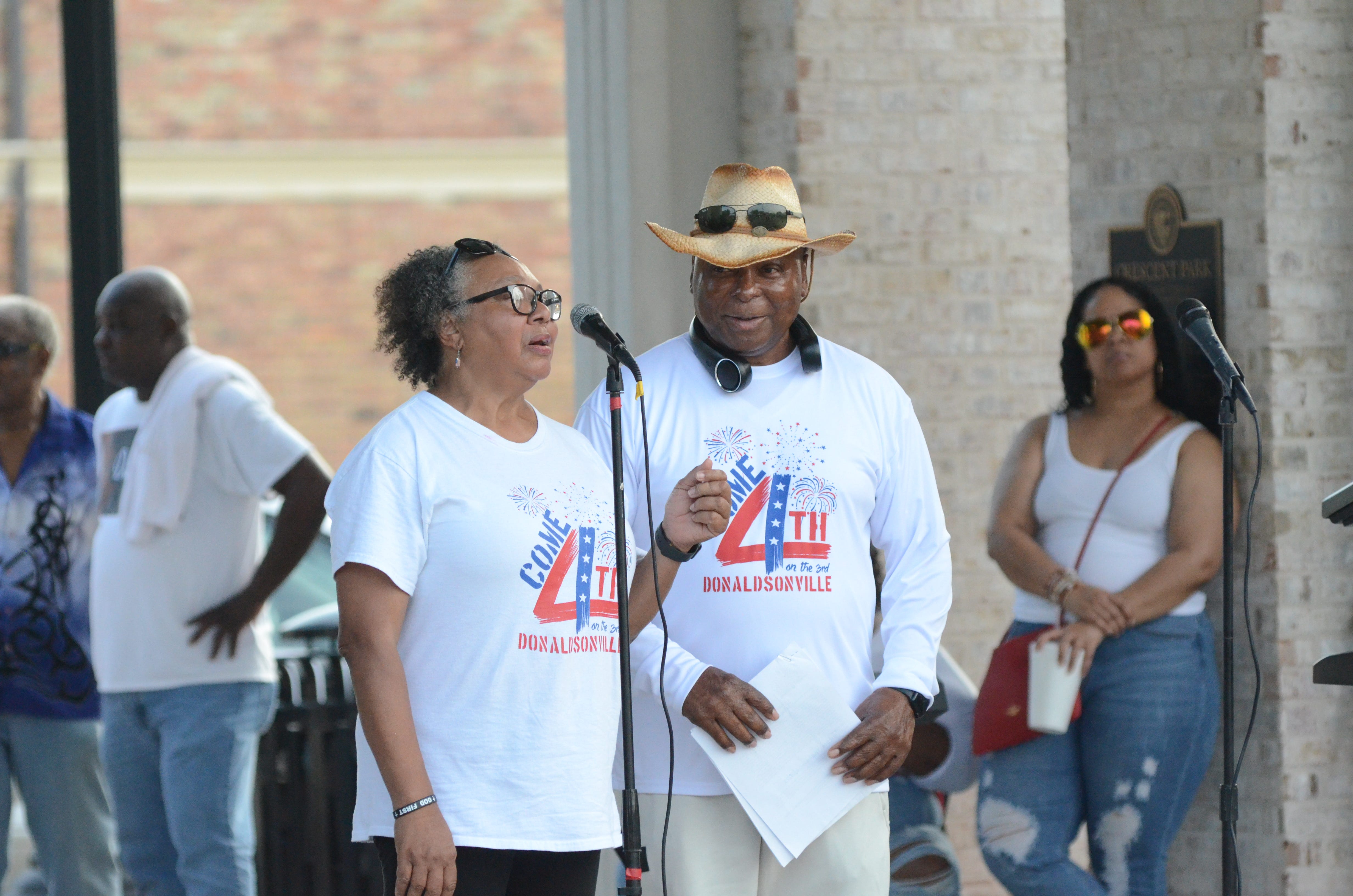 Donaldsonville Area Chamber of Commerce Executive Director Juanita Pearley and Donaldsonville Mayor Leroy Sullivan welcome everyone to the 2023 Donaldsonville Independence Day celebration held July 3 at Crescent Park.